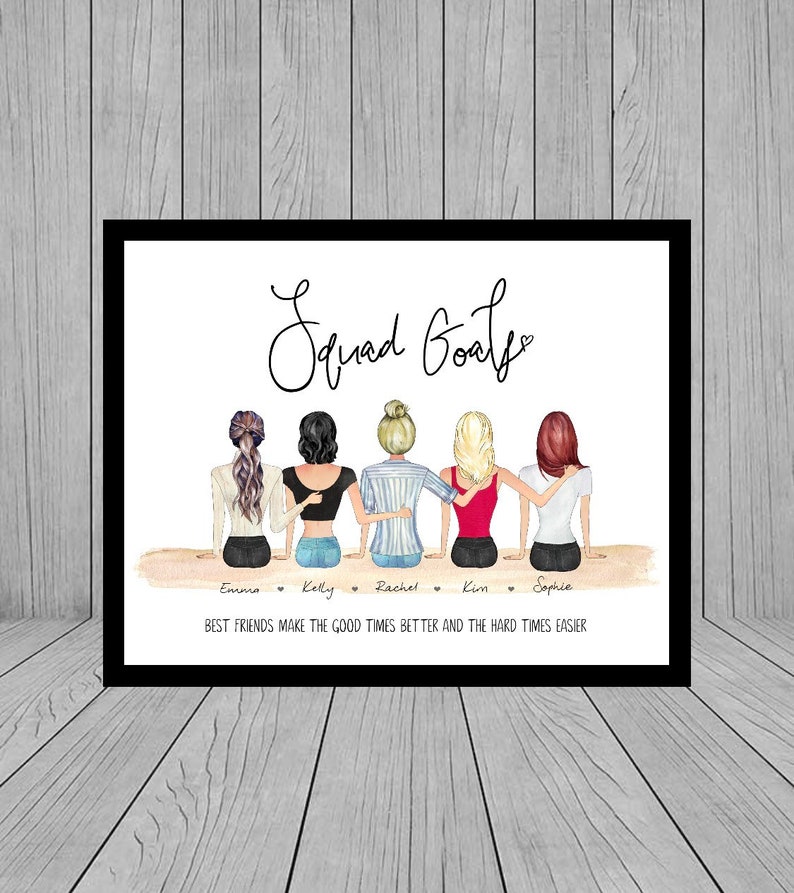 Puede incluir: Una ilustraci&oacute;n de acuarela de cinco mujeres de pie espalda con espalda con los brazos alrededor de la otra. El texto "Squad Goals" est&aacute; escrito sobre las mujeres. Los nombres de las mujeres est&aacute;n escritos debajo de ellas: Emma, Kelly, Rachel, Kim y Sophie. El texto "Los mejores amigos hacen que los buenos momentos sean mejores y los momentos dif&iacute;ciles m&aacute;s f&aacute;ciles" est&aacute; escrito debajo de los nombres.