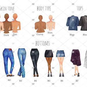 May include: A chart with illustrations of different body types, skin tones, tops, and bottoms. The chart includes the following options: skin tones - pale, dark, tan; body types - curvy, slim; tops - blue, black; bottoms - blue jeans, black pants, black skirt, denim skirt, a purple skirt, and a white polka dot skirt.