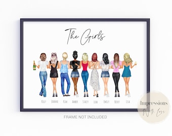 Group Friendship Print, Best Friend Gift, Bestie Gifts, Friends illustration, Printable, Personalised Birthday Gift for Her, My Girls, Squad