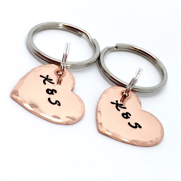 7th Anniversary Gift - Personalised Heart Keyring set - hand stamped - couples /wedding present - 7 year wedding anniversary- copper gift