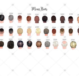 Puede incluir: Ilustraci&oacute;n que presenta una variedad de peinados masculinos, numerados del 9M al 38M. La imagen muestra diferentes colores, texturas y longitudes de cabello, incluyendo cortes cortos, rizados y entradas. El texto "Mens Hair" est&aacute; en la parte superior.