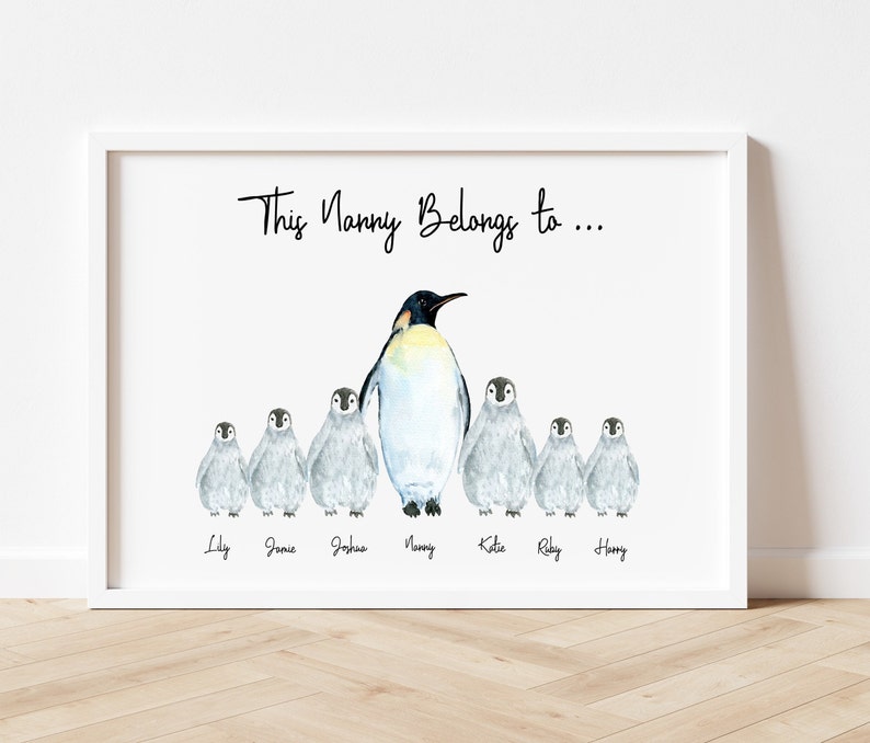 Nanny gift, personalised grandchildren print, this nanny belongs to, penguin print, personalised print, gift for her, gifts for nana, image 1