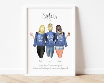 Sisters gift, Sisters print, Birthday Gift for Sister, Personalised sister gift, Family print, big sis, little sis, middle sis, gift for sis