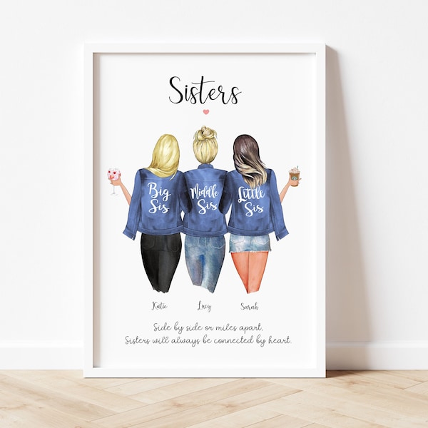 Sisters gift, Sisters print, Birthday Gift for Sister, Personalised sister gift, Family print, big sis, little sis, middle sis, gift for sis