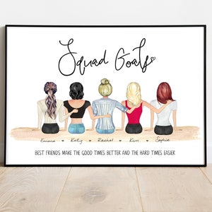 Puede incluir: Una ilustraci&oacute;n de acuarela de cinco mujeres de pie espalda con espalda con los brazos alrededor de la otra. El texto "Squad Goals" est&aacute; escrito en la parte superior de la imagen. Los nombres "Emma", "Kelly", "Rachel", "Kim" y "Sophie" est&aacute;n escritos debajo de las mujeres. El texto "Los mejores amigos hacen que los buenos tiempos sean mejores y los tiempos dif&iacute;ciles m&aacute;s f&aacute;ciles" est&aacute; escrito en la parte inferior de la imagen.