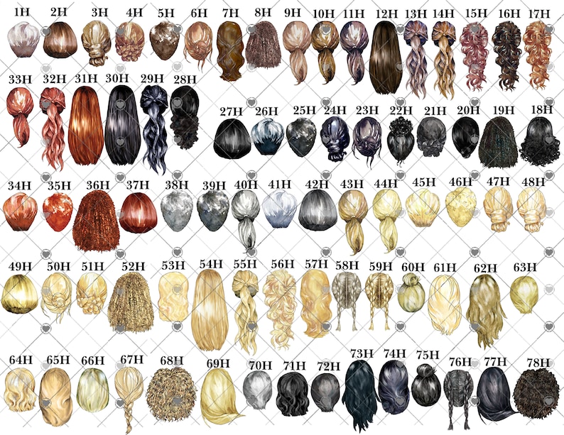 May include: A chart with 78 different hairstyles for women, each with a unique style and color. The hairstyles are numbered and labeled with the letter H.