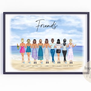 Group Friendship Print, Best Friend Gift, Bestie Gifts, Friends illustration, Printable, Personalised Birthday Gift for Her, My Girls, Squad