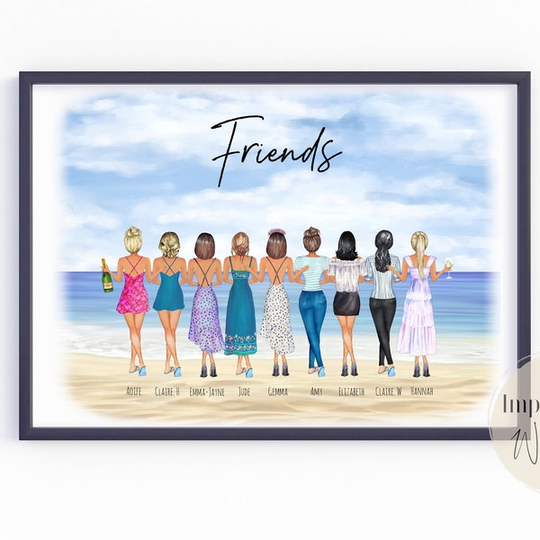 Group Friendship Print, Best Friend Gift, Bestie Gifts, Friends illustration, Printable, Personalised Birthday Gift for Her, My Girls, Squad