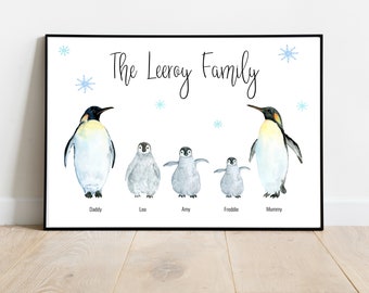 Penguin family Print, Christmas Print, Personalised print, Family Gift, festive gift, Printable, Home Decor, Family Portrait, Penguin Print