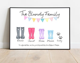 Welly Boot Family, Welly Boot Print, Wellington Boot Family Print, Welly Boots Print,personalised family print, Mothers day gift ideas