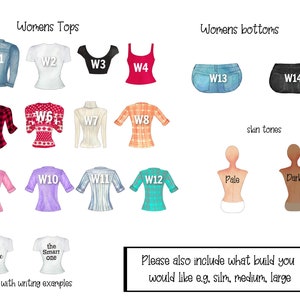 Puede incluir: Un gr&aacute;fico con ilustraciones de diferentes prendas de vestir para mujeres. El gr&aacute;fico incluye tops, bottoms y tonos de piel. Los tops incluyen una chaqueta vaquera, una camiseta blanca, una camiseta de cuello redondo, un top rojo sin mangas, una camisa a cuadros, un su&eacute;ter rojo, una camisa blanca de manga larga, una camisa a cuadros, una camiseta rosa, una camiseta morada, una camisa a rayas, una camisa a cuadros y dos camisetas con texto. Los bottoms incluyen un par de jeans azules y un par de pantalones cortos negros. Los tonos de piel incluyen p&aacute;lido y oscuro.