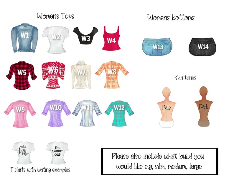 Puede incluir: Un gr&aacute;fico con ilustraciones de diferentes prendas de vestir para mujeres. El gr&aacute;fico incluye tops, bottoms y tonos de piel. Los tops incluyen una chaqueta vaquera, una camiseta blanca, una camiseta de cuello redondo, un top rojo sin mangas, una camisa a cuadros, un su&eacute;ter rojo, una camisa blanca de manga larga, una camisa a cuadros, una camiseta rosa, una camiseta morada, una camisa a rayas, una camisa a cuadros y dos camisetas con texto. Los bottoms incluyen un par de jeans azules y un par de pantalones cortos negros. Los tonos de piel incluyen p&aacute;lido y oscuro.