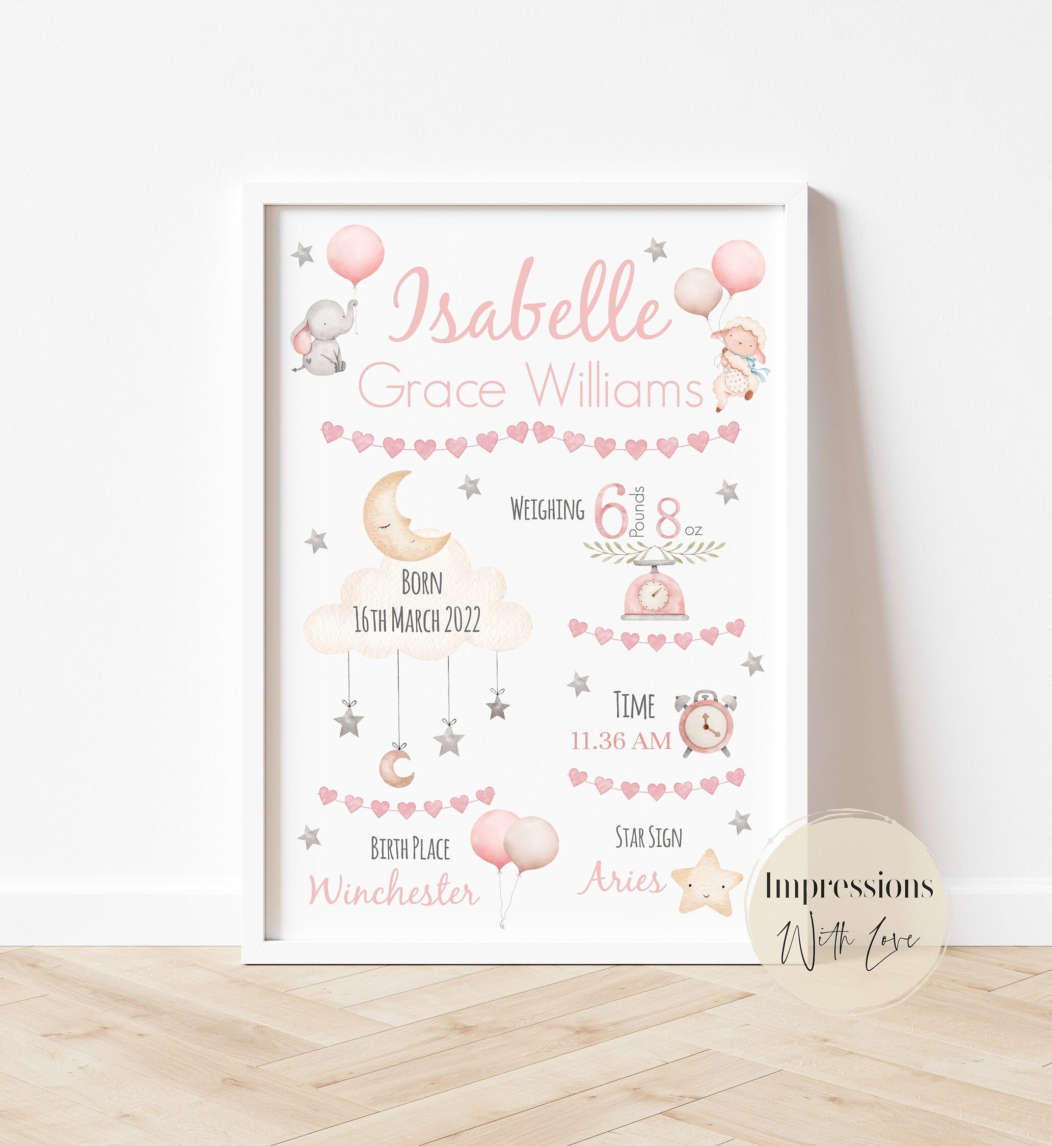 Personalised New Baby Girl Gift, Birth Details Print, Birth States