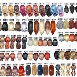 Puede incluir: Una colecci&oacute;n de 39 estilos de cabello diferentes para arte digital y dise&ntilde;o. Los estilos de cabello est&aacute;n ilustrados en una variedad de colores, incluyendo rubio, marr&oacute;n, negro, rojo y gris. Los estilos de cabello est&aacute;n todos en vista posterior.