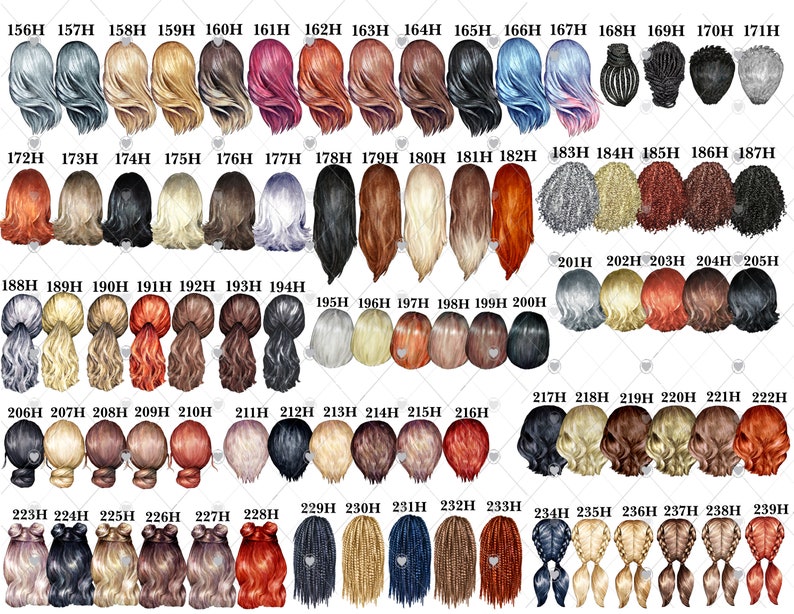 Puede incluir: Una colecci&oacute;n de 39 estilos de cabello diferentes para arte digital y dise&ntilde;o. Los estilos de cabello est&aacute;n ilustrados en una variedad de colores, incluyendo rubio, marr&oacute;n, negro, rojo y gris. Los estilos de cabello est&aacute;n todos en vista posterior.