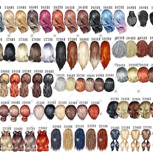 May include: A collection of 39 different hair styles for digital art and design. The hair styles are illustrated in a variety of colors, including blonde, brown, black, red, and gray. The hair styles are all in a back view.