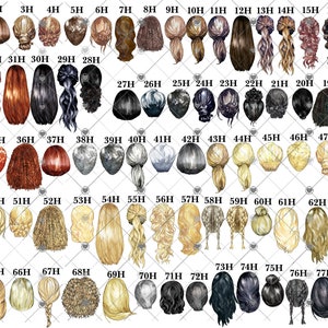 Puede incluir: Una ilustraci&oacute;n de 78 peinados diferentes, cada uno identificado con un n&uacute;mero y la letra "H". Los estilos var&iacute;an desde recogidos hasta cabello largo y suelto, en una variedad de colores. Esta imagen es probablemente para selecci&oacute;n o personalizaci&oacute;n.