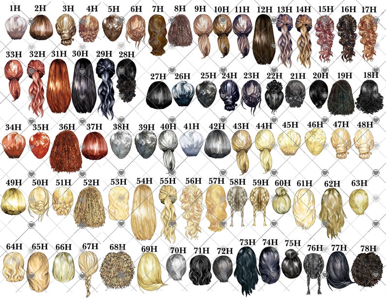 Puede incluir: Una ilustraci&oacute;n de 78 peinados diferentes, cada uno identificado con un n&uacute;mero y la letra "H". Los estilos var&iacute;an desde recogidos hasta cabello largo y suelto, en una variedad de colores. Esta imagen es probablemente para selecci&oacute;n o personalizaci&oacute;n.