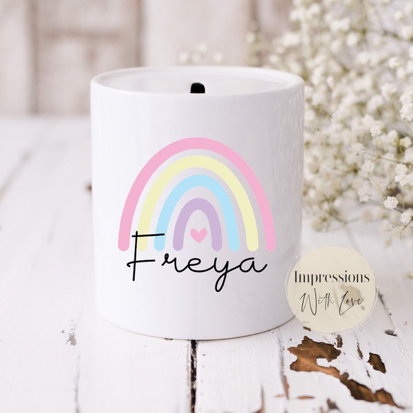 Personalised Ceramic Money Box, Rainbow Name Piggy Bank For Kids, Girls Birthday, Little Girl Gifts, Nursery / Bedroom Decor, Savings Jar,