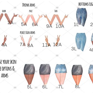 May include: A digital illustration of different skin tones, arm poses, and bottom/leg styles for customizing a digital avatar. The image includes the text "DARK", "PALE", "TAN", "DRINK ARMS", "PEACE SIGN ARMS", "BOTTOMS/LEGS", "CHOOSE YOUR SKIN TONE OPTIONS & ARMS".