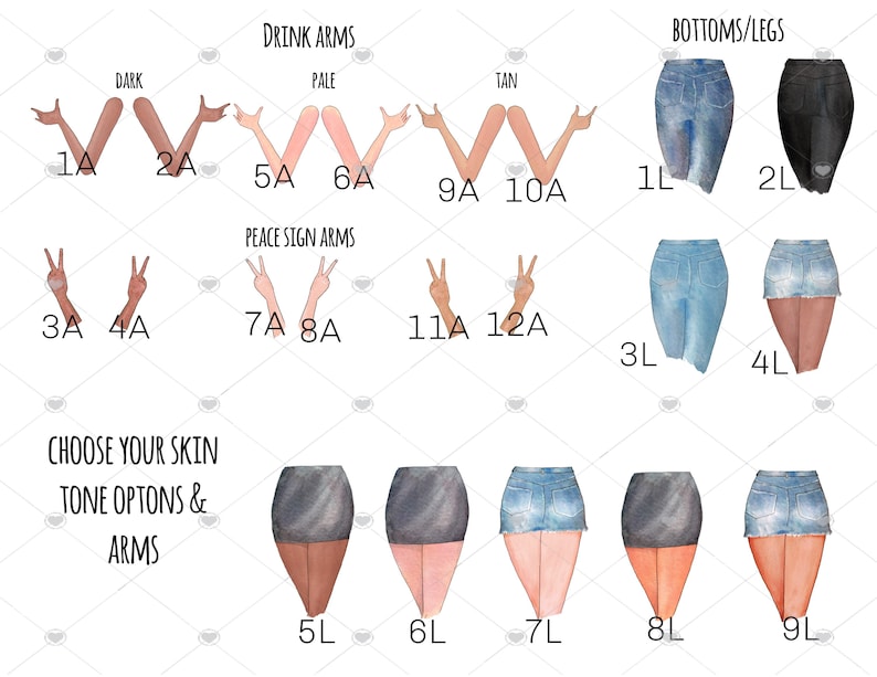 May include: A digital illustration of different skin tones, arm poses, and bottom/leg styles for customizing a digital avatar. The image includes the text "DARK", "PALE", "TAN", "DRINK ARMS", "PEACE SIGN ARMS", "BOTTOMS/LEGS", "CHOOSE YOUR SKIN TONE OPTIONS & ARMS".