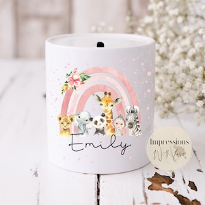 Personalised Ceramic Money Box, Rainbow Safari Animals, Piggy Bank For Kids, Girls Birthday, Little Girl Gifts, Christening, 1st Birthday