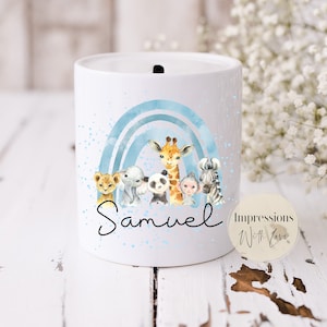 Personalised Ceramic Money Box, Rainbow Safari Animals, Piggy Bank For Kids, Boys Birthday, Little Boy Gifts, Christening, 1st Birthday