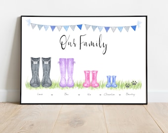 Welly boot print, personalised family print, wellie boot picture, family portrait, house warming gift, printable, Family Rain Boots Print