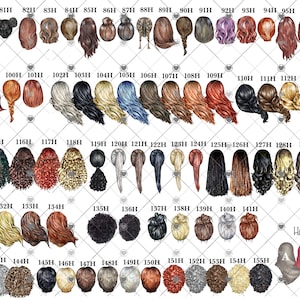 May include: A chart of 155 different hairstyles, including braids, buns, ponytails, and other styles. The hairstyles are numbered and labeled with the letter "H" after the number. The chart is titled "Hijabs" at the bottom.