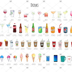 May include: A chart of 55 different drink icons, including cocktails, sodas, coffee, and ice cream. The icons are arranged in rows and labeled with numbers and the letter "D".