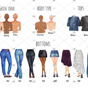 Puede incluir: Ilustraci&oacute;n que muestra opciones de personalizaci&oacute;n. Presenta opciones para el tono de piel (p&aacute;lido, oscuro, bronceado), el tipo de cuerpo (curvil&iacute;neo, delgado), las partes de arriba (chaquetas azules y negras) y las partes de abajo (jeans, faldas).