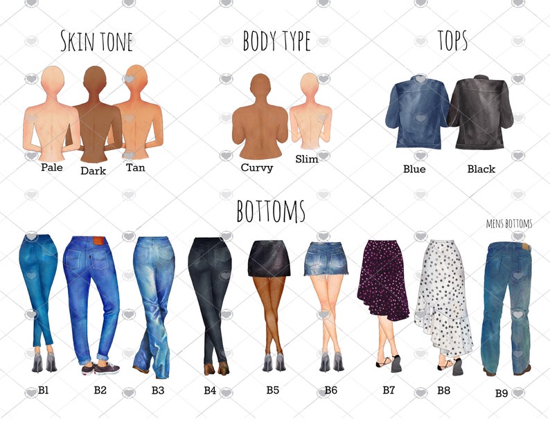 Puede incluir: Ilustraci&oacute;n que muestra opciones de personalizaci&oacute;n. Presenta opciones para el tono de piel (p&aacute;lido, oscuro, bronceado), el tipo de cuerpo (curvil&iacute;neo, delgado), las partes de arriba (chaquetas azules y negras) y las partes de abajo (jeans, faldas).