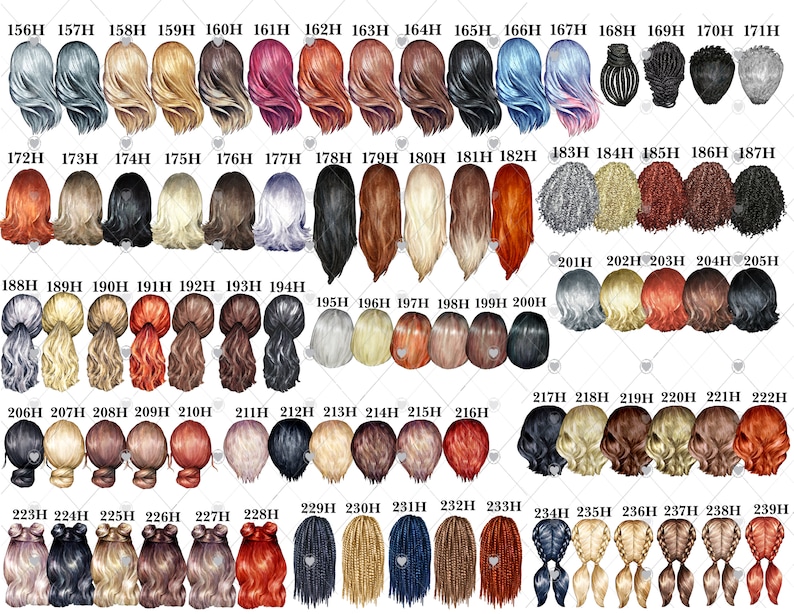 May include: A collection of 39 different hair styles for digital art and design. The hair styles are illustrated in a variety of colors, including blonde, brown, black, red, and gray. The hair styles are all in a back view.