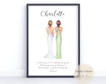 Bridesmaid gift, thank you bridesmaid print, personalised wedding print, wedding portrait, maid of honour gift, bridesmaid present, For Her