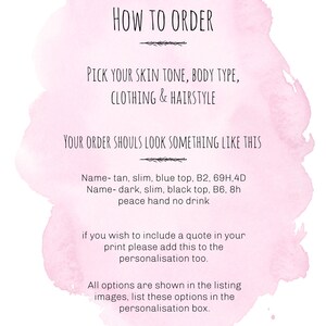 May include: Pink watercolor background with instructions on how to order a custom illustration. The text says "How to Order", "Pick your skin tone, body type, clothing & hairstyle", "Your order should look something like this", and provides an example order. The text also says "All options are shown in the listing images, list these options in the personalisation box."