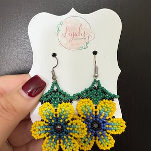 Huichol, beaded, flower earrings made in Mexico