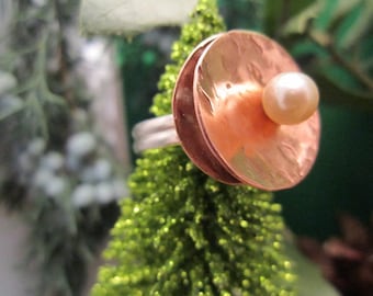 Copper ring with Sterling Silver and a Beautiful Pearl