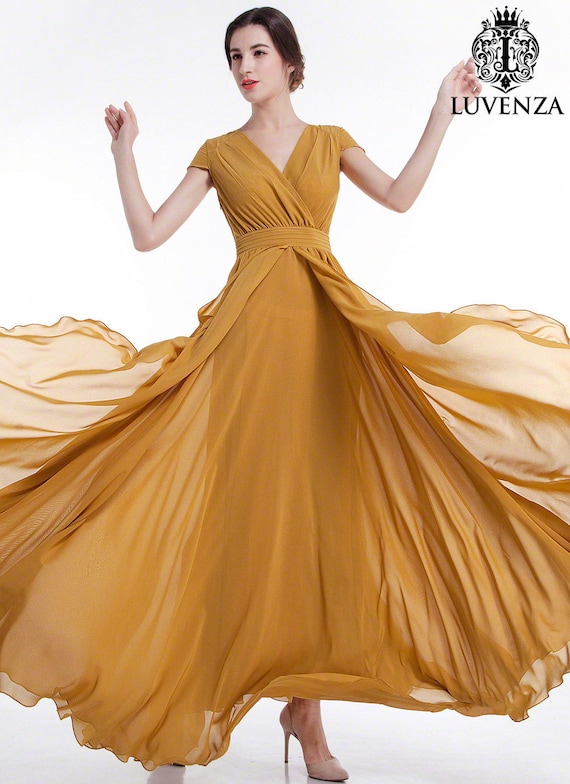Mustard Yellow Maxi Length Evening Dress with Crossover
