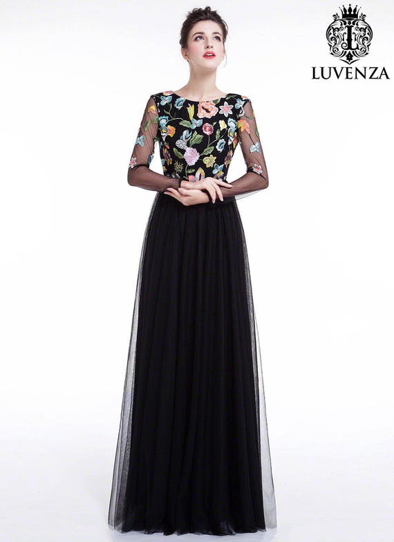 Black Tulle Maxi Evening Dress With Floral Accents Floor Etsy