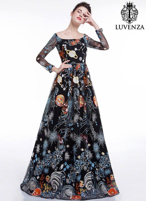 Black Galaxy Print Maxi Length Evening Dress Floor Length Etsy