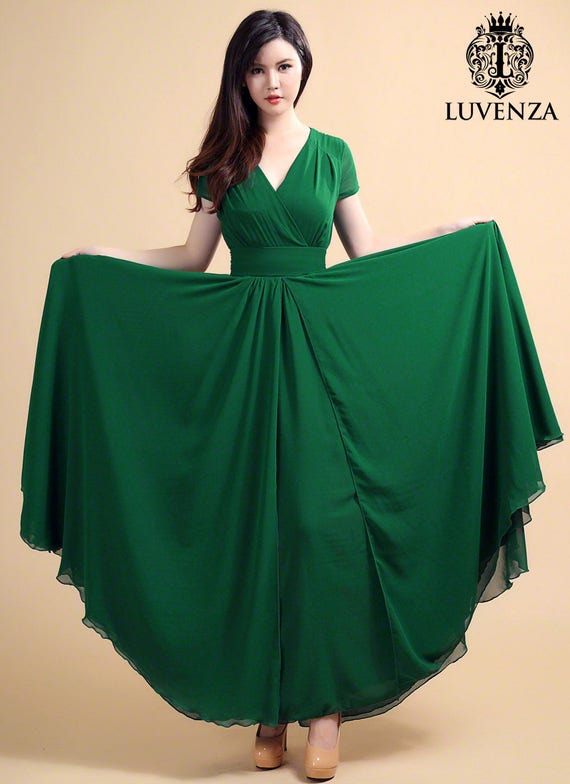 Forest Green Maxi Dress With V Neck And Cap Sleeves High Etsy