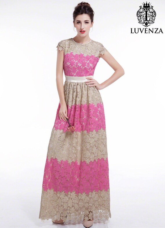 Pink And Beige Lace Maxi Length Floral Lace Evening Dress Etsy