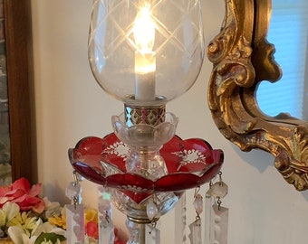 RARE Hurricane Lamp with Ruby Cut-to-Clear Bobeche and 7 Inches of Cut Crystal Prism