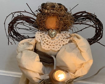 Primitive Angel Holding Electric Candle, Plug In