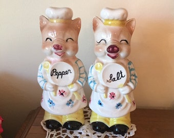 RARE Large 1920s 1930s Mr. and Mrs. Piggy Salt and Pepper Shaker Set with Original Corks and Stickers - Nearly 8 Inches Tall - Adorable!