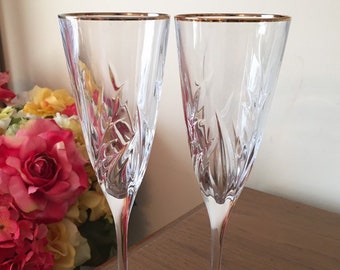 2 Vintage Crystal Wedding Toasting Champagne Glasses or Sherry Glasses with Gold Rim - Beautiful!