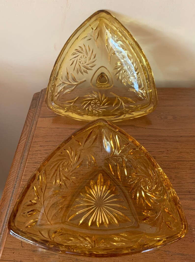 Vintage Light Amber Golden Yellow Glass Candy Dish Triangle Etsy