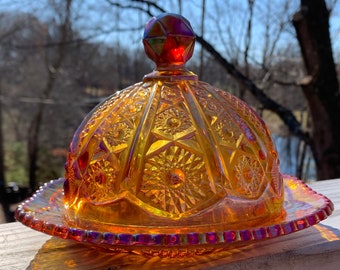 Amberina Carnival Glass Dome Butter Dish - Very Good Vintage Condition!