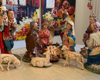 Italian Nativity Set 12 Inch Scale Paper Mache - Baby Jesus, Manger, Joseph, Mary, Angel, 3 Wisemen, Shepherd with Sheep, 3 Unattached Sheep