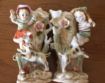 Camille Naudot & Co. 2 Bud Vases European Boy and Girl Sitting in Tree Playing Fetch with Dog -Romantic European Decor - Excellent Condition